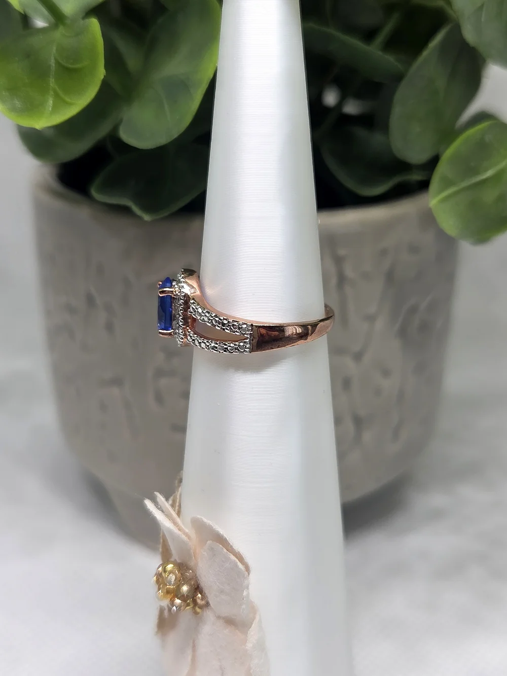 BP Blue Sapphire Halo Split-Shank Ring On Gold Plating